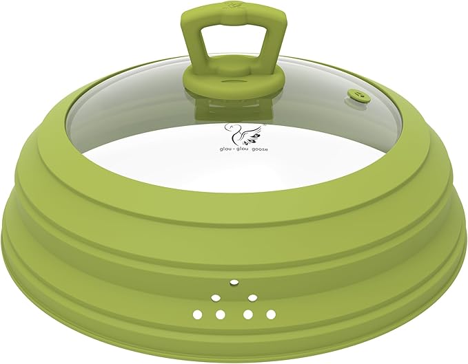 Microwave Splatter Cover Vented Glass Splatter Guard Lid with Collapsible Silicone for Food as Pot Cover 11.8 inch Large Plate for 6 7 8 9 10 11 inch Plate Bowl