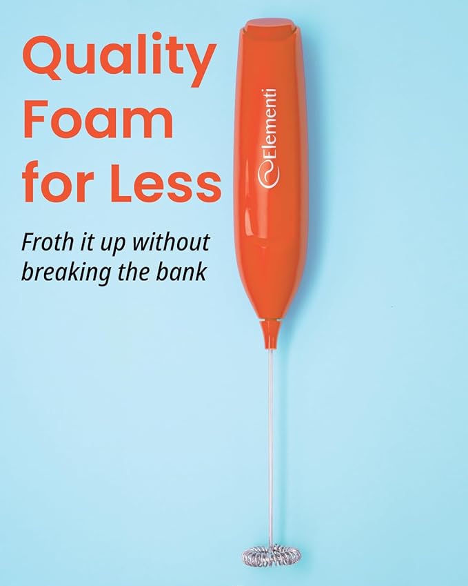 Elementi Powerful Frother Wand – Lightweight Milk Frother & Drink Mixer Handheld, Matcha Whisk for Dreamy Lattes, Powerful Coffee Mixer Wand & Stirrer - Make Creamy Cappuccinos at Home (Orange)