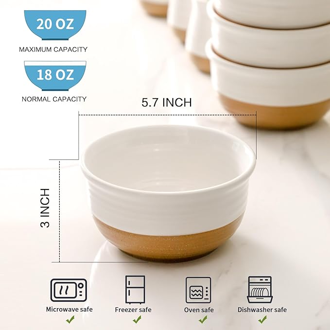 Hasense Ceramic White Colorblocked Design Bowls - 20 OZ Stackable Set of 6, Dishwasher and Microwave Safe for Pasta, Oatmeal, Rice, Ice Cream