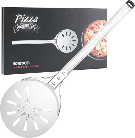 Pizza Turning Peel, 8-inch Pizza Peel Turner Spinner, Long Handle Perforated Aluminum Pizza Peel with Silicone Hook, Pizza Oven Accessories