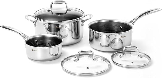 DELUXE Hybrid Ceramic Nonstick 6 PCS Pot Set, 1.3, 3&5.4-Quart Pot with Tempered Glass Lid, Stainless Steel Cookware Pots with Stay-Cool Handle, Dishwasher Safe, Compatible with All Cooktops