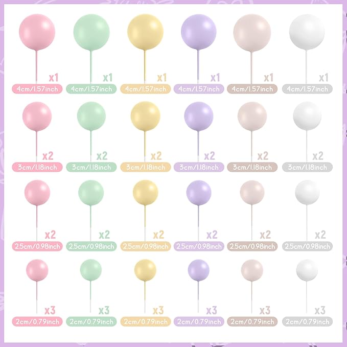 48 Pcs Balls Cake Topper Decorations Balloon Cupcake Toppers Foam Cake Topper Balls Cake Balls Decorations for Birthday Party Wedding Cake Decorating(Pink,Green,Yellow,Purple,Brown,White)