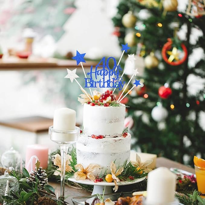 Glittery 40th Happy Birthday Cake Topper with Star,Personalised 40 Birthday Cake Toppers Party Decorations Party Supplies for Men Women Blue