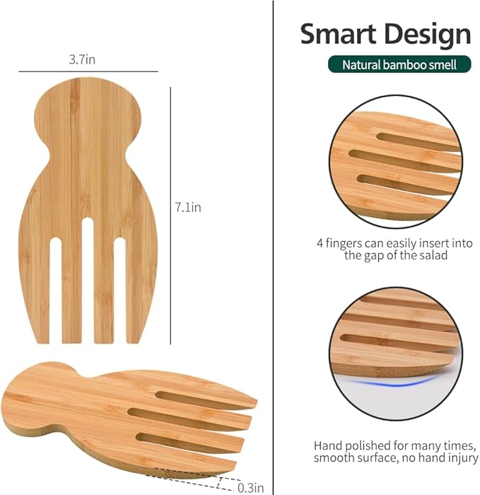 Bamboo Salad Hands, 2pcs 7.1in Bamboo Salad Server, Bamboo Kitchen Helper With Smooth Surface by Hand Grinding, Salad Claws Set for Serving Salad, Pasta, Fruit on Your Kitchen (2pcs Salad Hand)