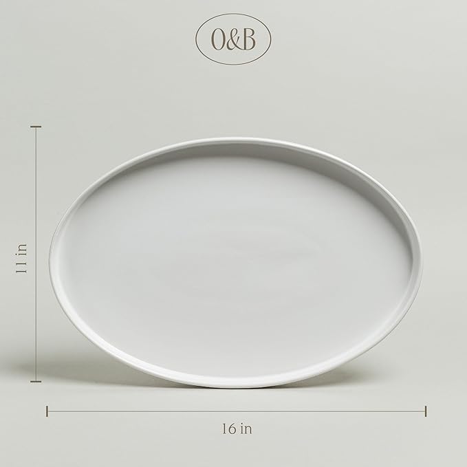 over&back Stackable Stoneware Serving Platter - Elegant 1-Piece Oval Serving Platter to Complete Your Kitchen Set - Perfect for Appetizers, Desserts, and More - 16" L x 11" W - Semi-Matte White