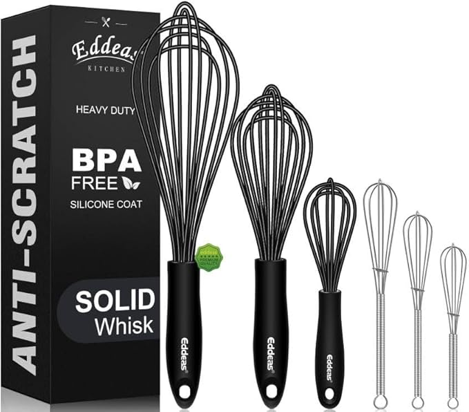 Silicone whisk, Non scratch coated whisk for cooking 7+9+11inch whisks and 3pcs 5+6+7inch 304 stainless steel small whisks, Suitable for Beating, Blending, great for cooking and baking.