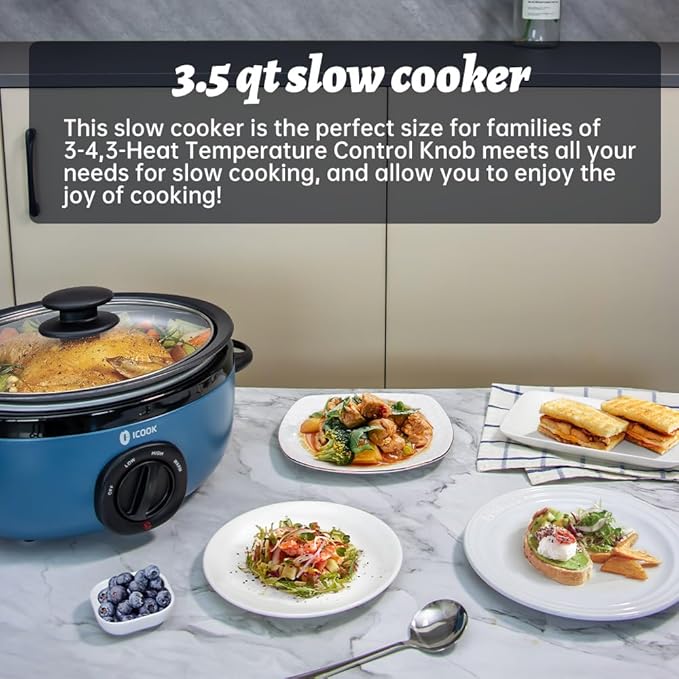 ICOOK USC-35-OP001BL 3.5 Quart Slow Cooker,Aluminium Sear/Sauté Stew Pot Stovetop safe,Dishwasher Safe,Glass Lid,Adjustable Temp,Food Warmer,Blue