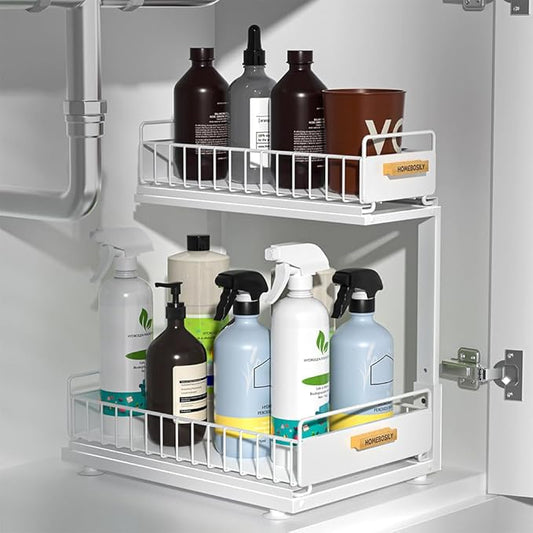 Under Sink Organizer, Pull Out Kitchen Cabinet Organizer, 2-Tier Metal Under Sink Organizers and Storage Height-Adjustable, Kitchen Bathroom Organizers and Storage Shelves, White