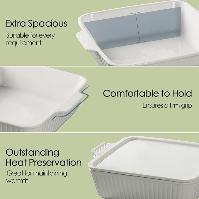 Dizada Casserole Dish for Oven with Lid, 10'' Square Baking Dish, Ceramic Baking Dish, Baking Pan with Handles, Lasagna Pan Bakeware Oven Safe Baking Dish for Oven, Cake, Kitchen, Microwave, Dishwasher Safe, White