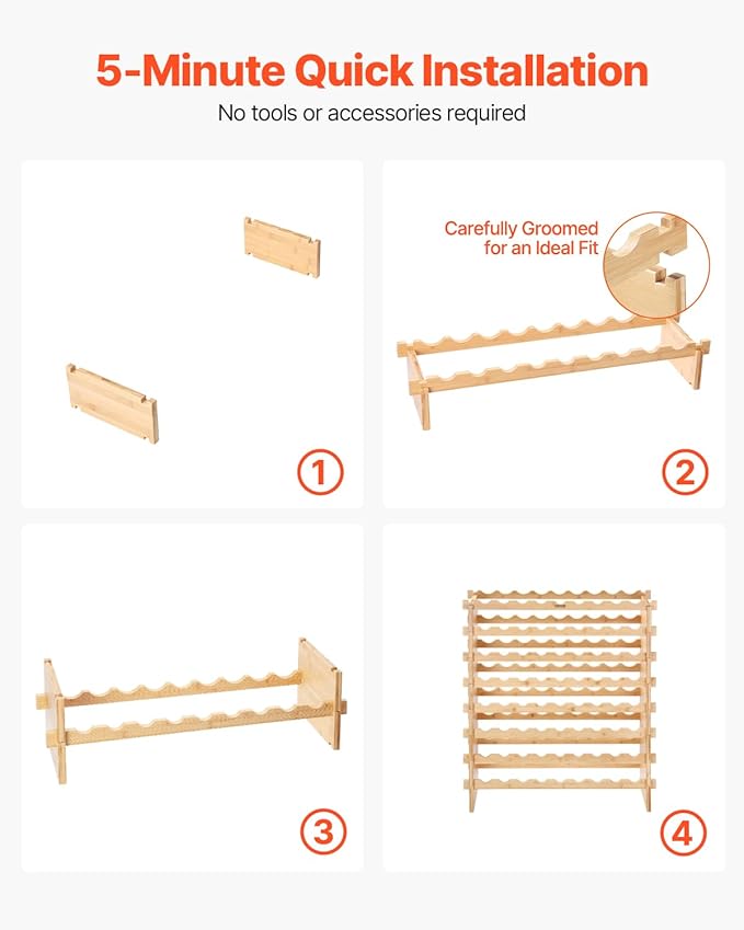 VEVOR Stackable Modular Wine Rack, 8-Tier 72 Bottles, Freestanding Wines Holder Display Shelf, Solid Bamboo Wood Storage Racks, Wobble-Free Shelves for Kitchens, Dining Rooms, Cellars, Natural Color