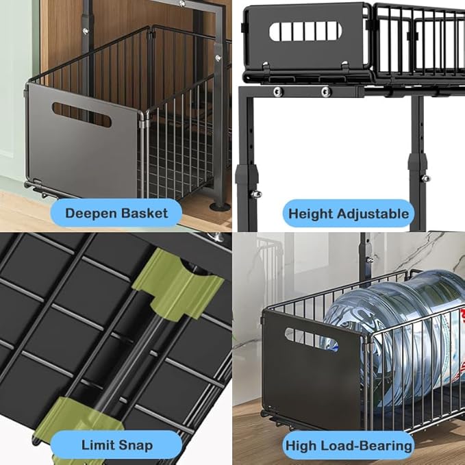 Under Sink Organizer with Adjustable Height, 2 Tier Pull Out Cabinet Design, Sliding Sink Shelf for Enhanced Storage Capacity, Counter Organizer Storage for Kitchen & Bathroom, Black, 2 Pack