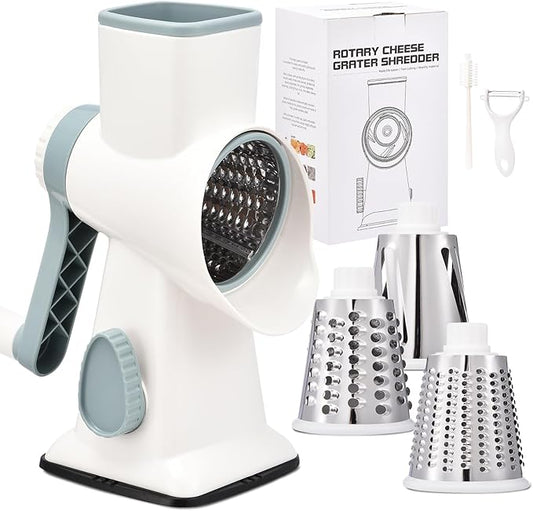 Rotary Cheese Grater Hand Crank Cheese Shredder Vegetable Mandoline Slicer for Kitchen 3 in 1 Changeable Blades for Cheese Potato Nuts Chocolate Ice (WhiteBlue)