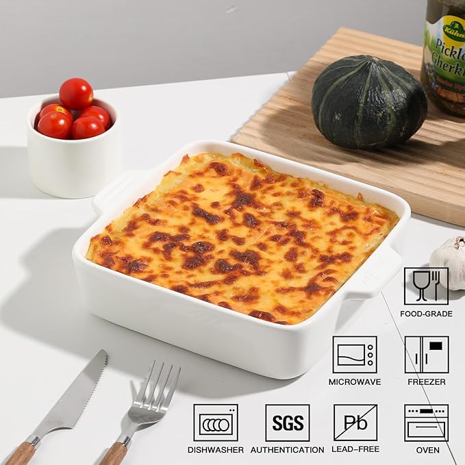 Sweejar Ceramic Baking Dish, 8 x 8 Cake Baking Pan for Brownie, Porcelain Square Bakeware with Double Handle for Casserole, Lasagna, Family Dinner (White)