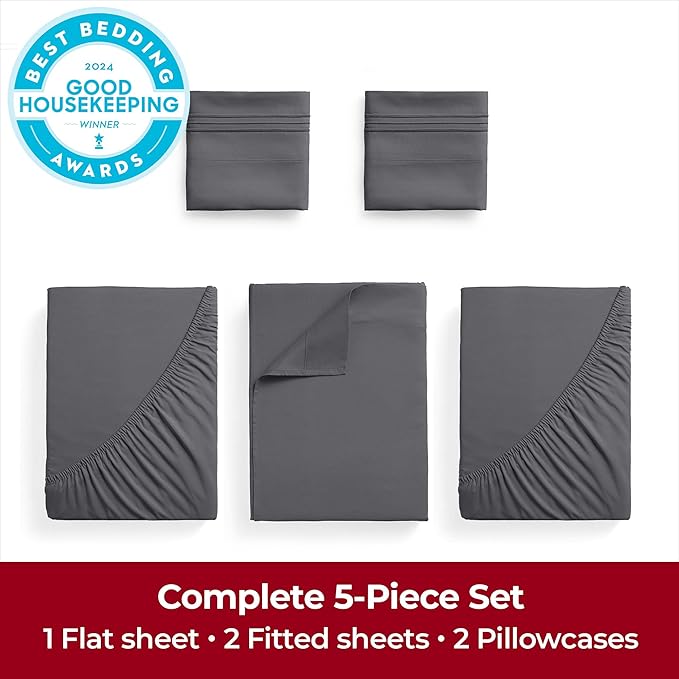 Mellanni Extra Deep Split King Sheets - 5 PC Iconic Collection Bedding - Hotel Luxury, Ultra Soft, Cooling Bed Sheets - Wrinkle, Fade, Stain Resistant (Split King, Gray)
