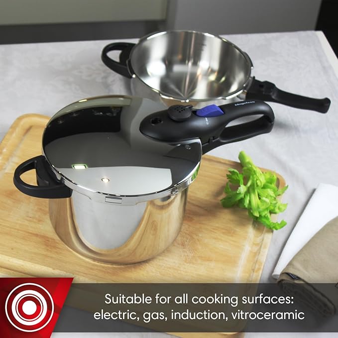 MAGEFESA Favorit 8 Qt Pressure Cooker – Easy-to-Use Fast Cooking Pot, 18/10 Stainless Steel, Induction Compatible, Even Heat Distribution, Works on All Stovetops