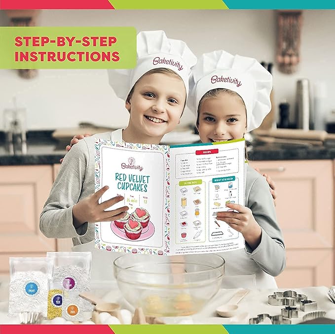 Baketivity Kids Baking Set, Meal Cooking Party Supply Kit for Teens, Real Fun Little Junior Chef Essential Kitchen Lessons, Includes Pre-Measured Ingredients (Baketivity Kit, Red Velvet)
