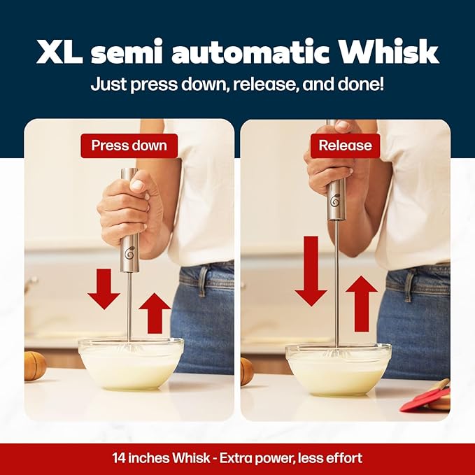 14 Inch Stainless Steel Hand Whisk - Durable & Easy to Use Push-Down Zip Whisker - Rotary Hand Mixer for Beating Eggs, Frothing Milk, Blending, Mixing, Whipping Smoothies & Shakes - Kitchen Tools