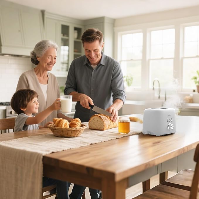 2-Slice Toaster 1.5" Extra Wide Slot Stainless Steel with High Lift Lever, 6 Presets & Bagel/Defrost/Cancel Function, Removal Crumb Tray, Under Base Cord Storage, White