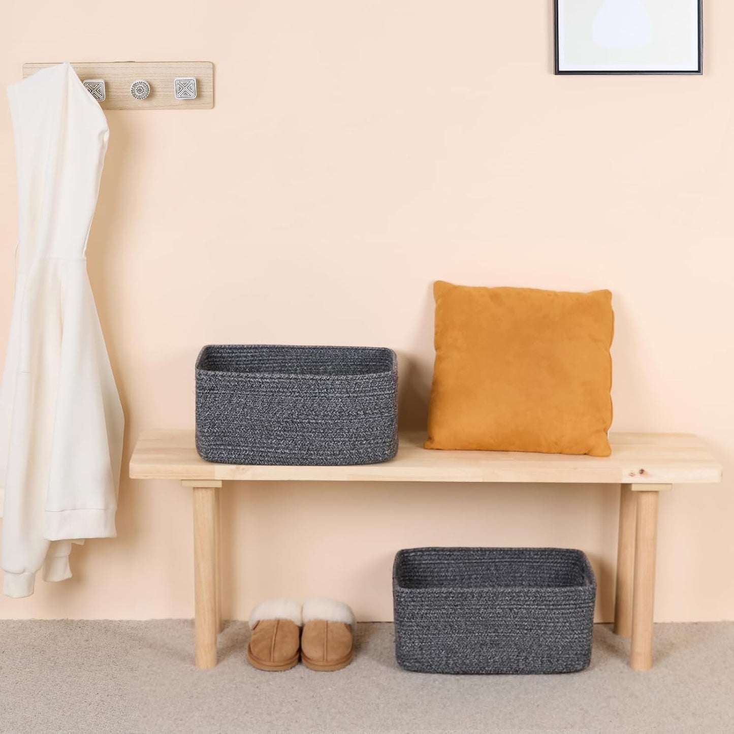 Large Storage Baskets for Shelves, Closet Organizers Bins for Clothes Blanket Towels, Baby Nursery, Toy Baskets Box, Woven Rope Baskets, 17 x 13 x 7.5”, 3 Packs Dark Gray