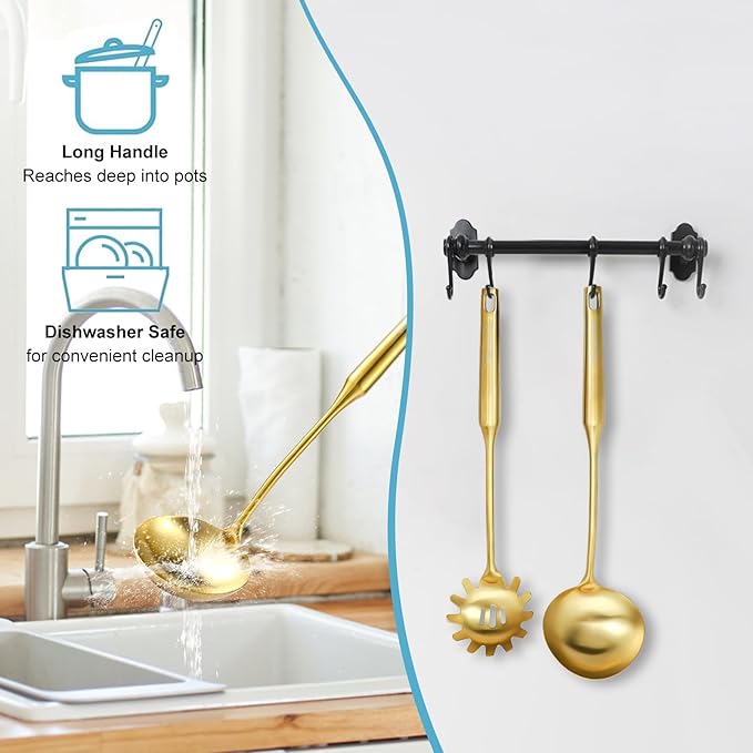 Gold Soup Ladle - 18/10 Stainless Steel Ladle Spoon, 13.8" Soup Spoons [Integral Forming, Heat Resistance，Vacuum Handle] Kitchen Metal Ladel for Cooking, Serving, Stirring, Canning，Sauce, Wok & Soup