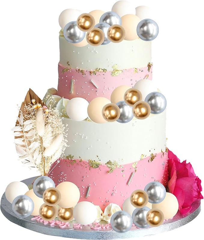 Gyufise 21 Pack Flower Boho Cake Topper Ball Cake Decorations Palm Leaves Plants Cake Decor for Girl Bohemian Princess Theme Wedding Baby Shower Birthday Party Supplies Gold White Khaki