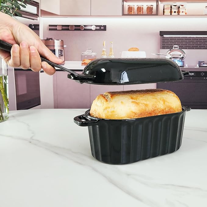 Dutch Oven Enameled Cast Iron Bread Pan with Lid Sourdough Loaf Pans for Baking Bread Large Heavy Oval Bread Dutch Oven with Movable Handle 4 Qt Black Dishwasher Safe