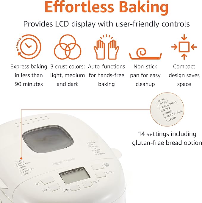 Amazon Basics Programmable Bread Maker, 2 Pound Non-Stick Automatic Bread Making Machine, 14 Settings for Breads, Doughs, Gluten-Free Options and More, LCD Display, White