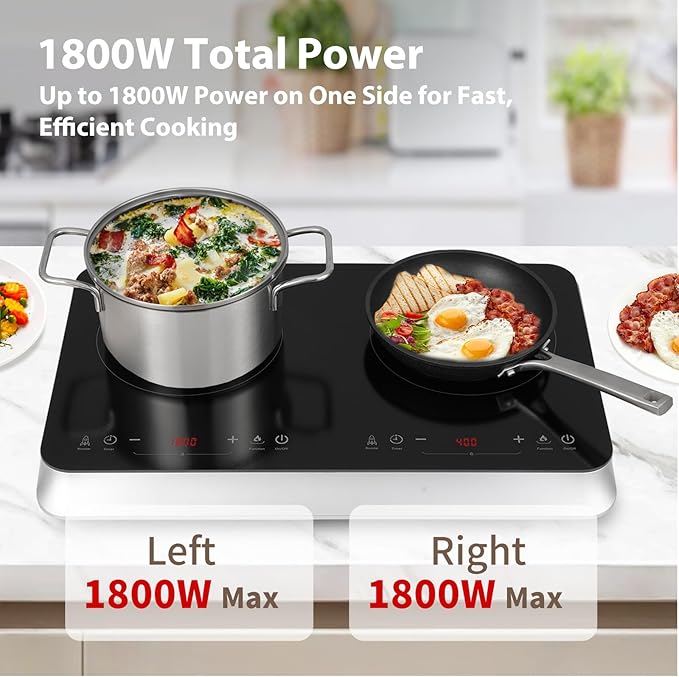 Double Induction Cooktop Burner with Fast Warm-Up Mode, 1800w 2 Burner with 10 Temperature 9 Power Settings, Portable Dual Induction Cooker Cooktop with Child Safety Lock & Time