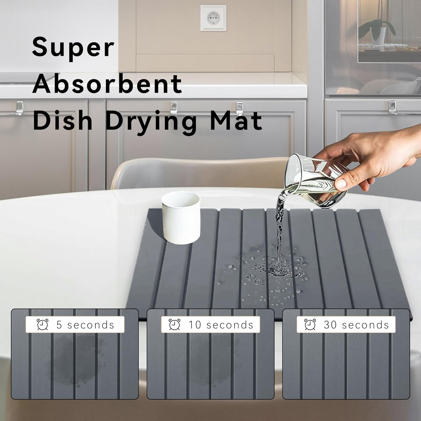 Large Stone Dish Drying Mat for Kitchen Counter, 24" x 16" Drying Board Diatomaceous, Dish Drying Tray for Kitchen, Utensils, Vegetable, Fruits, Bathroom Absorbent Pad, Fast Dry Stone Mat, Dark Gray