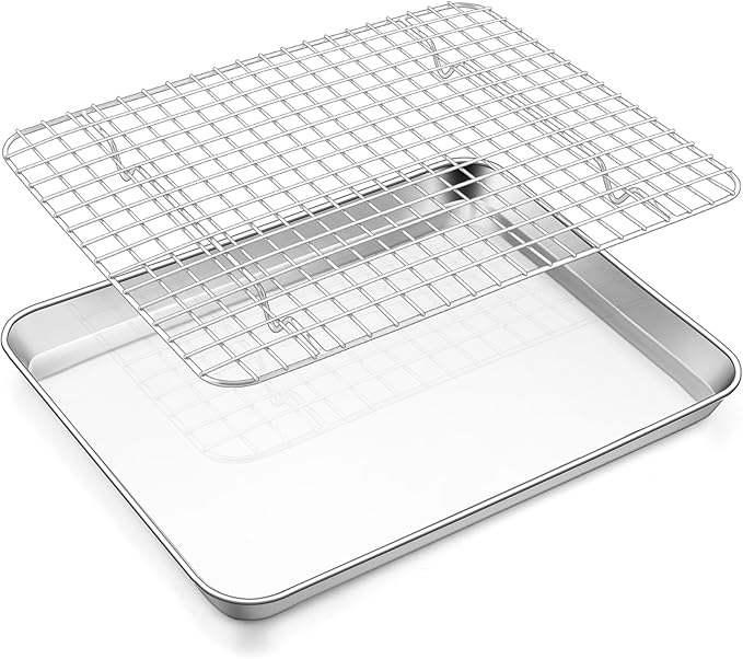 E-far Stainless Steel Baking Sheet with Wire Rack Set, 12.5” x 9.7” Cookie Sheet Broiling Pan for Oven, Rimmed Metal Tray with Cooling Rack for Cooking Roasting, Non-Toxic & Dishwasher Safe