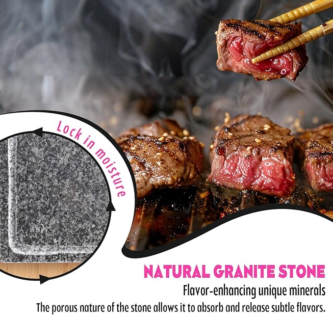 Artestia Professional Steak Stone Grill Set - 2pcs Natural Granite Cooking Stones for Indoor & Outdoor BBQ Hibachi - Heat-Resistant Stones (2 Granite Stone+1 Bamboo Tray+3 Sauce Bowls)