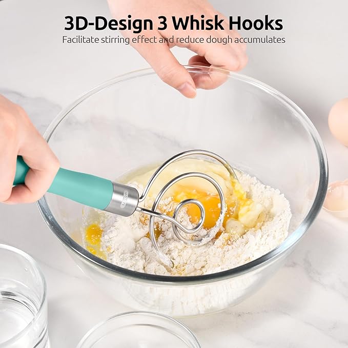 U-Taste 12.6in Danish Dough Whisk: 18/8 Stainless Steel Heavy-Duty Sourdough Mixer Tool, Food Grade Dutch Style Seamless Bread Wisk, Sturdy for Mixing, Stirring, Kneading Thick Batter (Aqua Sky)