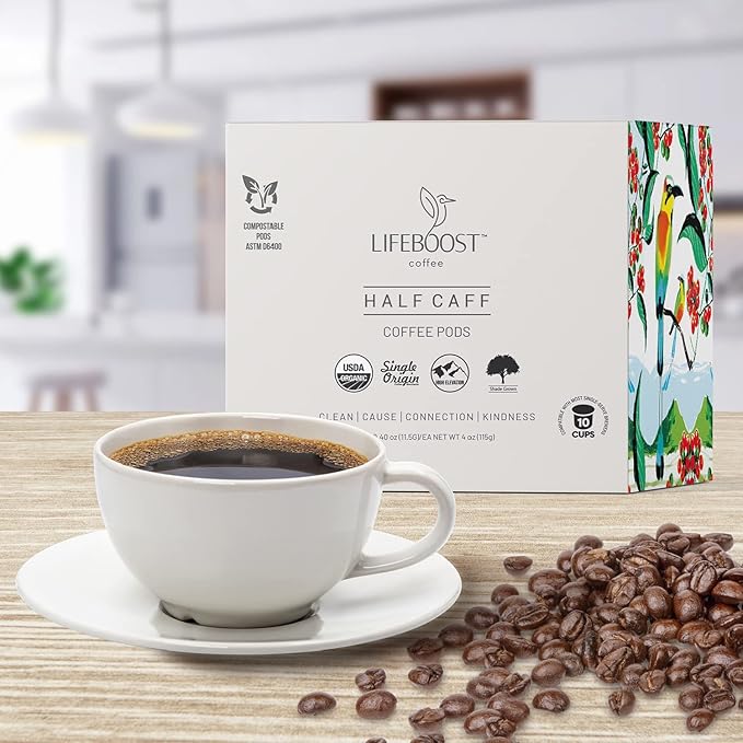 Lifeboost Half Caff Coffee K Cups - Low Acid Half Caff Coffee Pods - Single Origin Non-GMO Mold Free Pods Compatible with Keurig & Keurig 2 - No Mycotoxins or Pesticides - 10 Count