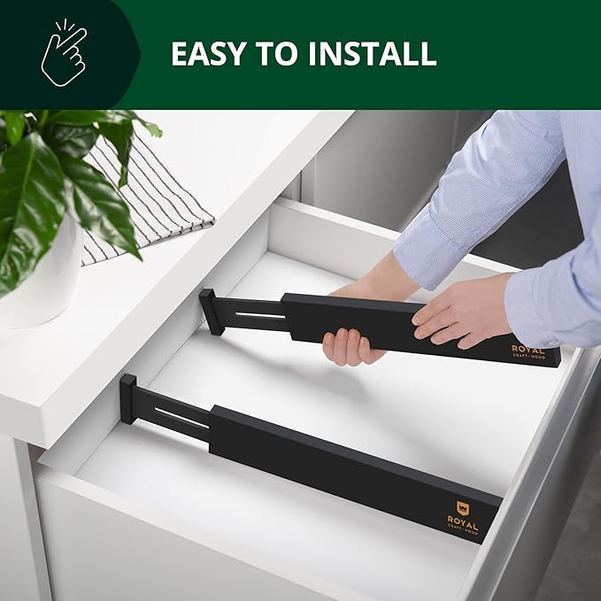 ROYAL CRAFT WOOD Adjustable Bamboo Drawer Dividers – Expandable Organizer for Kitchen, Bedroom, Bathroom, Dresser & Office – 4-Pack 17-22", Black