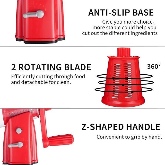 Rotary Cheese Grater Shredder - Upgraded 5 in 1 Cheese Grater with Handle and Strong Suction Base, Multi-purpose Julienne Slicer Ice Shaver Nuts Grinder for Ice, Vegetables, Fruit, Nuts