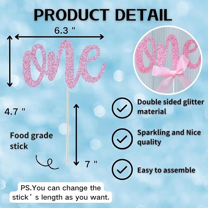 ALISSAR 1st Birthday Cake Topper with 8 Pink Bows – First Birthday Cake Decorations for Girls, Pink Bow, One Cake Topper for 1st Birthday Party