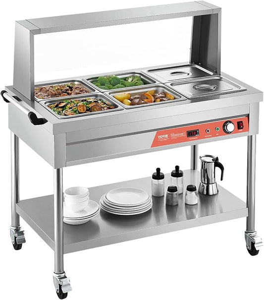 VEVOR 6-Pan Commercial Food Warmer, 6 x 1/2 Pans Electric Steam Table, 1500W Professional Buffet Catering Food Warmer with Shield Undershelf Wheels, Stainless Steel Server for Party Restaurant