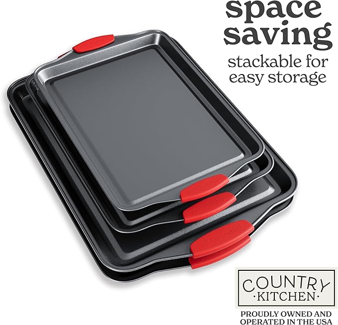 Country Kitchen Nonstick Stackable Bakeware Set - Heavy Duty, Durable, Easy Release Baking Set, Red, 4 Pcs