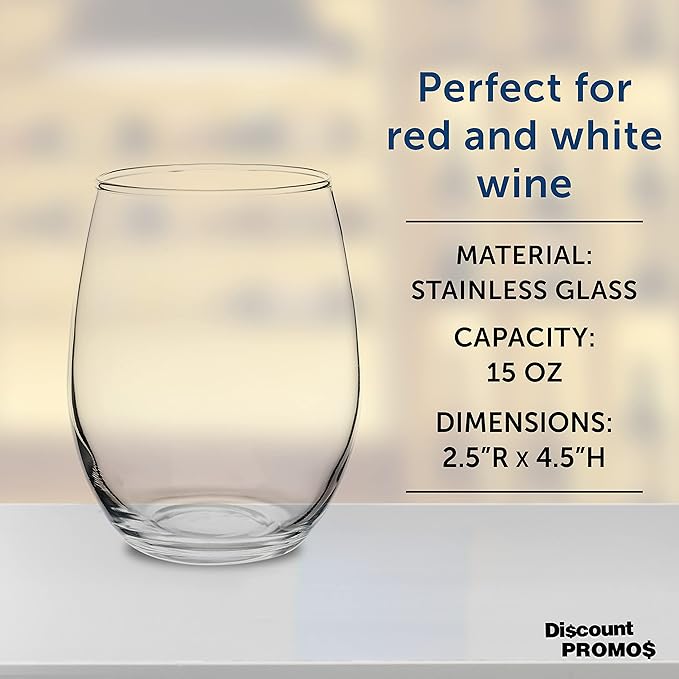 DISCOUNT PROMOS Stemless Wine Glasses by ARC Perfection 15 oz. Set of 10, Bulk Pack - Restaurant Glassware, Perfect for Red Wine, White Wine, Cocktails - Clear