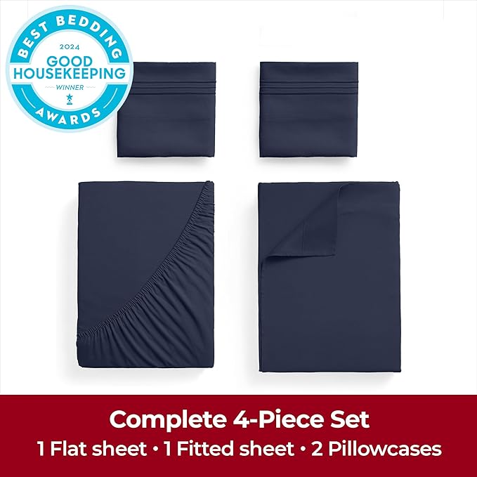 Mellanni Extra Deep Queen Sheets - 4 PC Iconic Collection Bedding - Hotel Luxury, Ultra Soft, Cooling Bed Sheets - Wrinkle, Fade, Stain Resistant (Queen, Navy Blue)