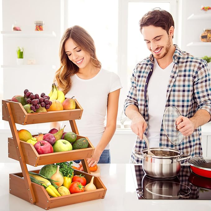 G.a HOMEFAVOR Fruit Basket for Kitchen, 3-Tier Fruit Bowl for Kitchen Counter, Vegetable Storage Stand for Fruit Shop, 15 mm Thickness, Brown