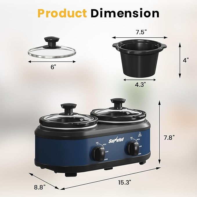 Sunvivi Double Slow Cooker,2 Removable Pots Small Mini Crock Buffet Server and Warmer with Adjustable Temp, Visible Glass Lids, Dishwasher Safe, 2 x 1.25 Quart, Blue