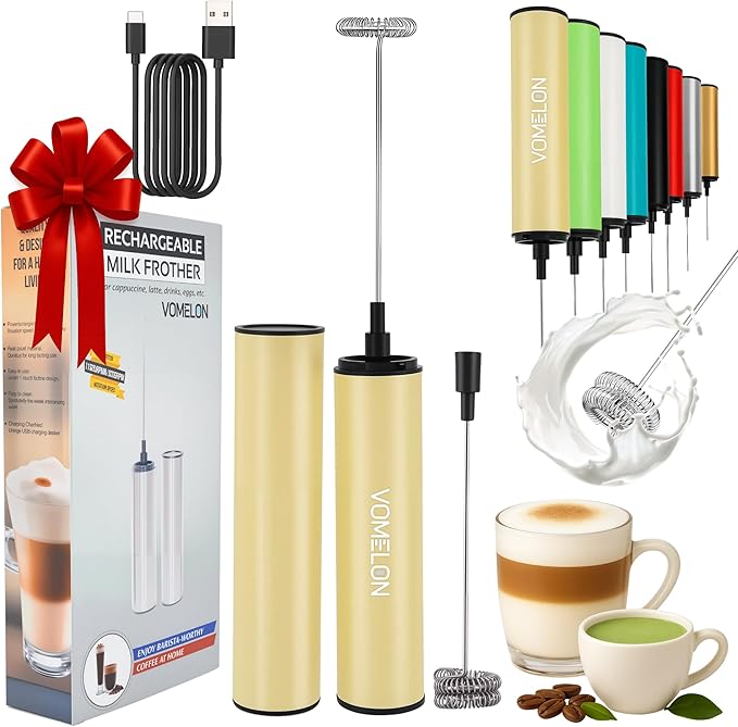 Rechargeable Milk Frother, Electric Coffee Foamer, Handheld Drink Mixer for Latte, Cappuccino, Coffee, Eggs, Hot Chocolate, Protein,Beige