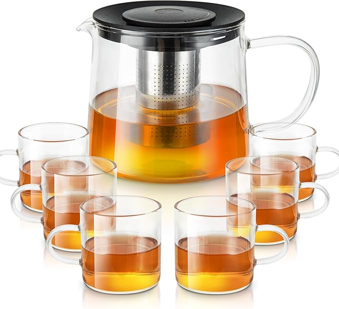 Glass Teapot 51oz/1500ml with 6 Pack Tea Cups Gift Set, Removable Stainless Steel Infuser Tea pot, Heatproof Borosilicate Glass Tea Make, Stovetop Safe Glass Tea Kettle for Loose and Blooming Leaf Tea