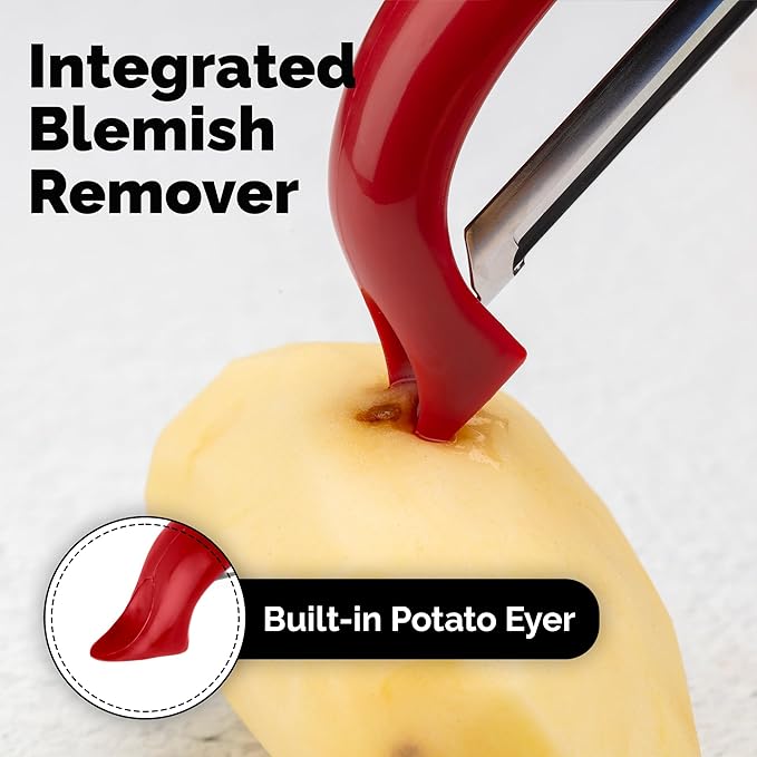 Zulay Kitchen Premium Vegetable Peeler for Kitchen - Swivel Peeler with Razor Sharp Stainless Steel Blades & Strong Ergonomic Handle - Dishwasher Safe, Easy To Use with Blemish Remover - Red