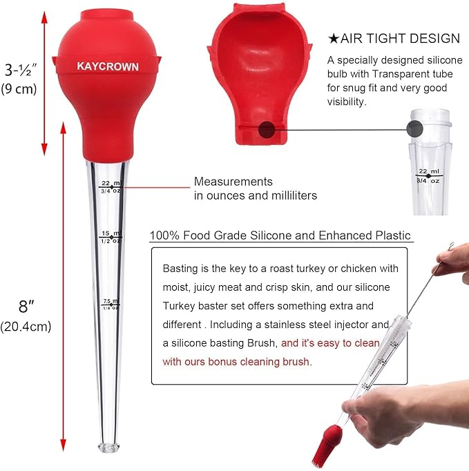 KAYCROWN Turkey Baster Commercial Grade Quality Silicone Bulb Including 2 Meat Marinade Injector Needles with Barbecue Basting Brush and Cleaning Brush for Easy Clean Up