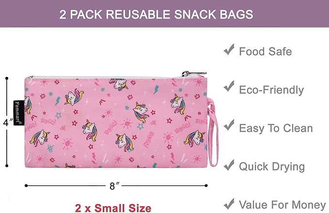 Reusable Sandwich Bag/Snack Bag for Kids & Adults, Dual Layer Lunch Bag with Handle, Washable, Food Safe, BPA Free (2-Pack, Unicorn)