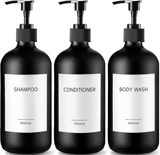 GMISUN Black Shampoo and Conditioner Dispenser, Shower Soap Dispenser Bottles with Labels, Refillable Shampoo Conditioner Body Wash Dispensers, Glass Soap Pump Dispenser Set for Bathroom Shower