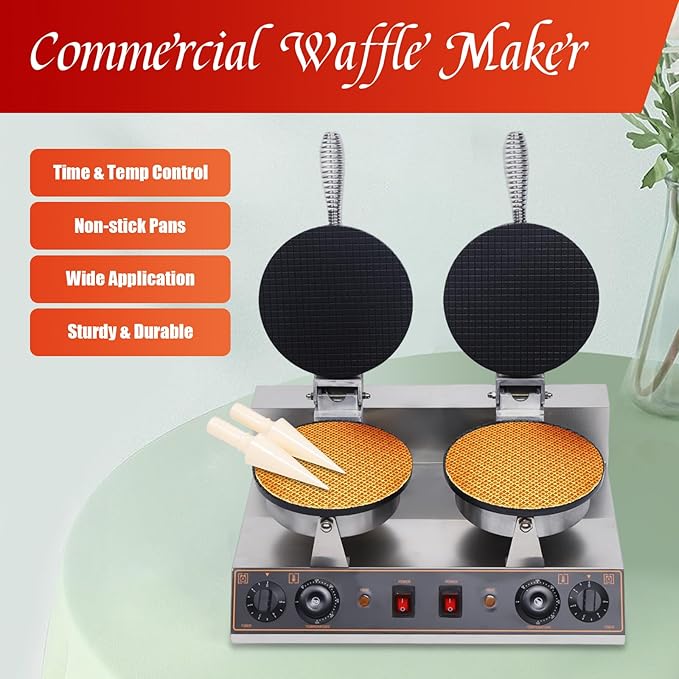 Waffle Cone Maker Non-stick Ice Cream Cone Maker, 1200W 8.19'' Stainless Steel Non-Stick Egg Roll Cone Baker Waffle Roll Maker, for Restaurant, Home Kitchen, Bakeries, Snack Bar Use