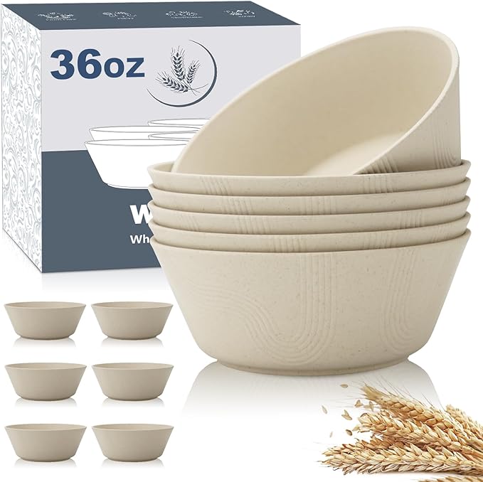Wheat Straw Bowl Sets with Textured Pattern,6 PCS Unbreakable Cereal Bowl 36 OZ,Microwave and Dishwasher Safe Bowls,Soup Bowl Sets BPA Free for Salad (Beige